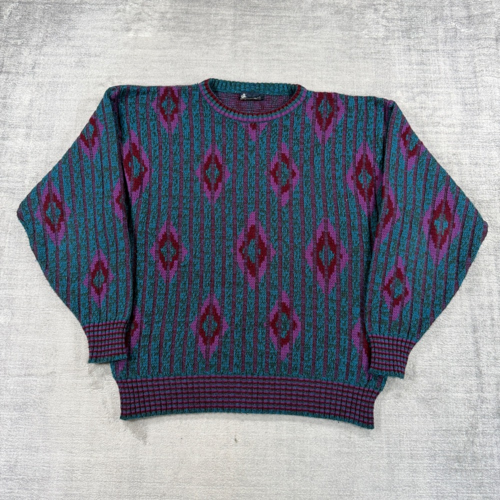 Bronzini Sweater Mens XL Blue Vintage 90s Geometric Diamond Knit Pullover